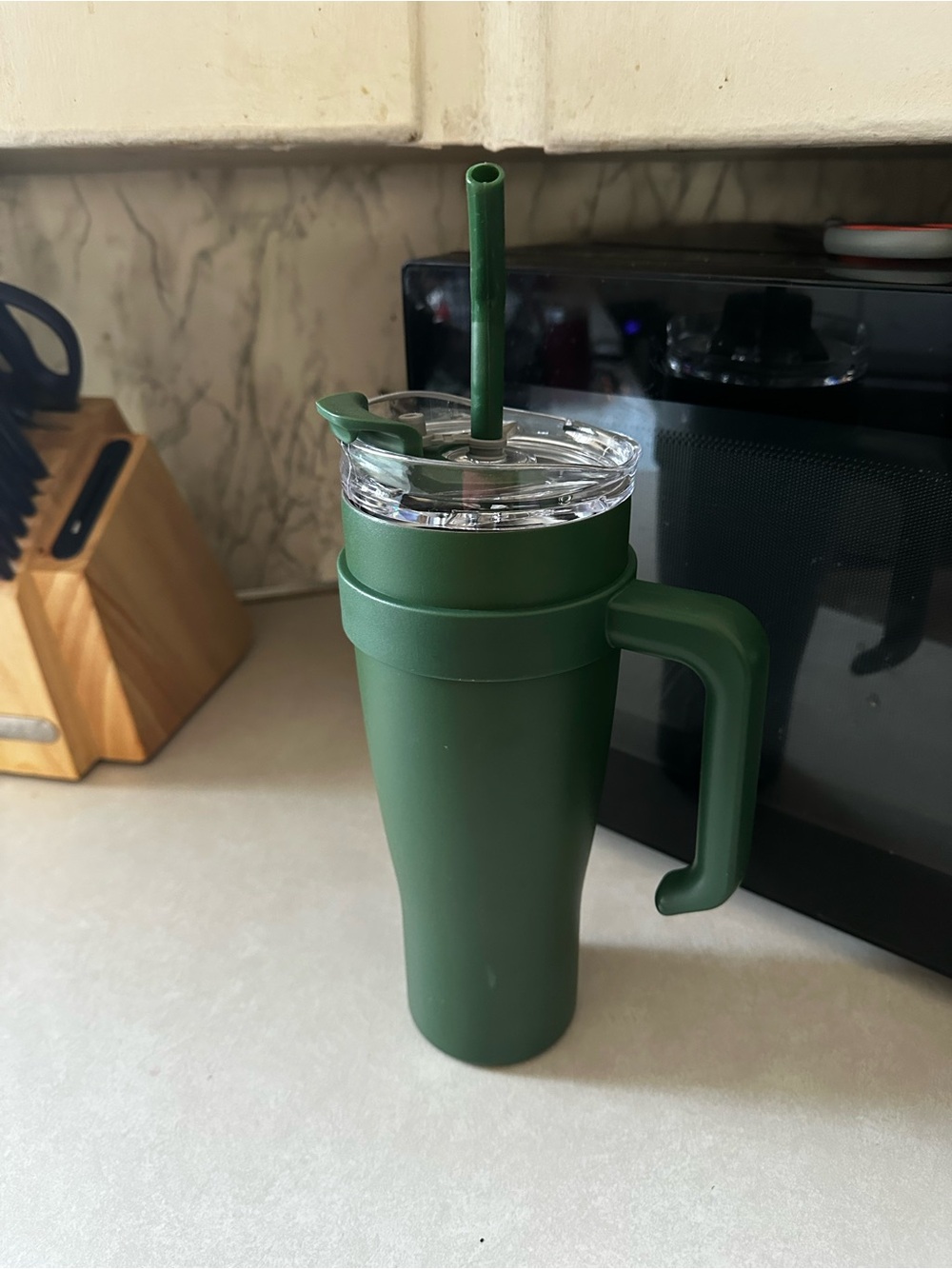 Green Travel Tumbler with Handle and Straw - Insulated Drink Cup 40oz
